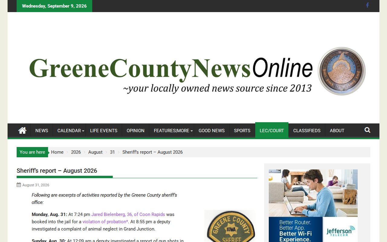 Greene County News Online periodic sheriff report page